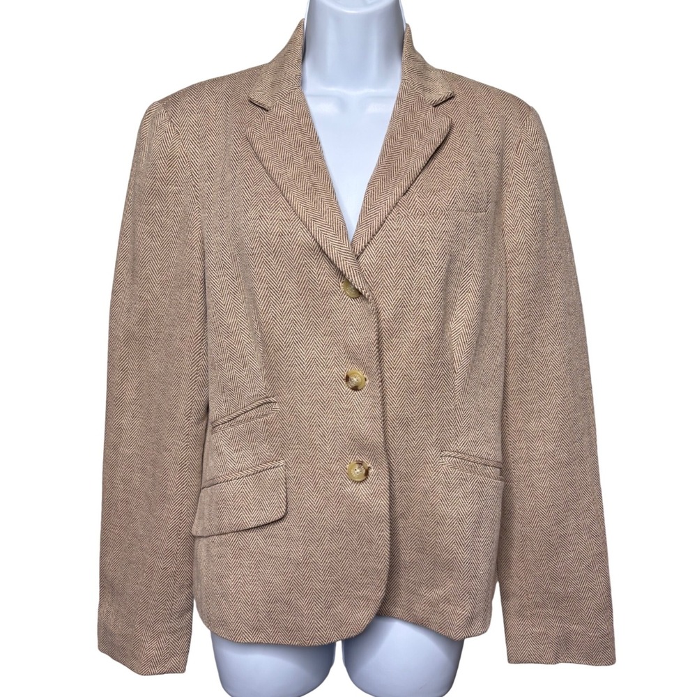 CHAPS Womens Tan Herringbone 3-Button Blazer Jacket 10 Academia Classic Preppy